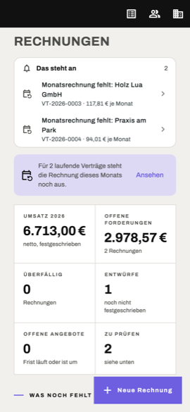 Die Rechnungsübersicht in Verena Büro mit offenen Forderungen und fälligen Vertragsrechnungen