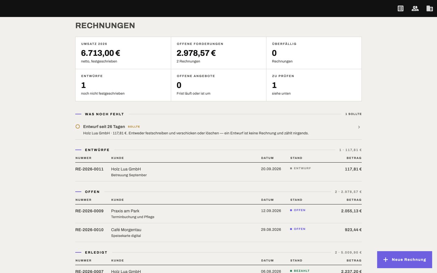Invoices in Verena Büro in the browser
