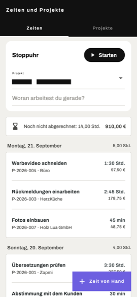 Die Zeiterfassung in Verena Büro, nach Tagen geordnet, mit Stundensumme und Betrag